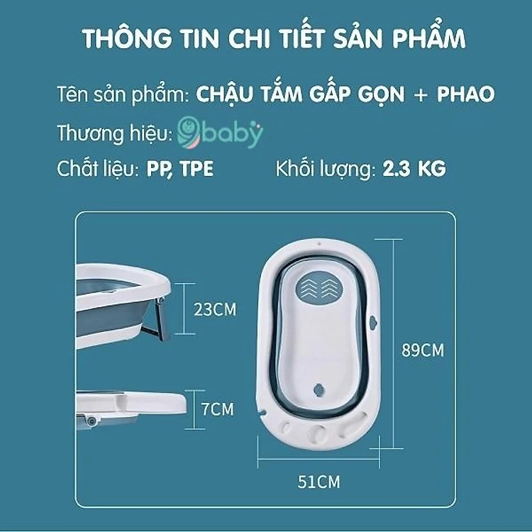 Thau tắm/Chậu tắm gấp gọn 9BABY size lớn, tiện dụng kèm phao cho bé yêu 9BABY - hàng chính hãng