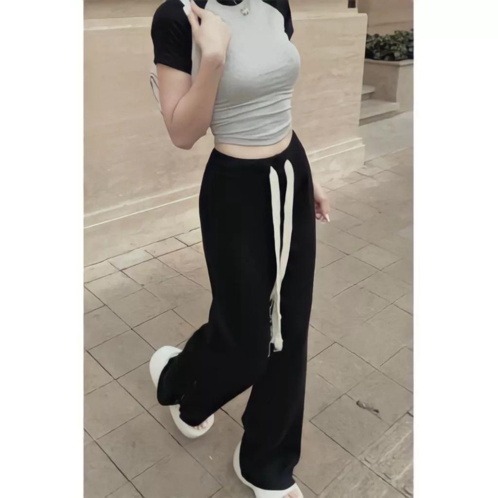 Bộ Áo Thun Ôm Tay Phối Màu Kèm Quần Ống Rộng Dây Rút Vải Cotton