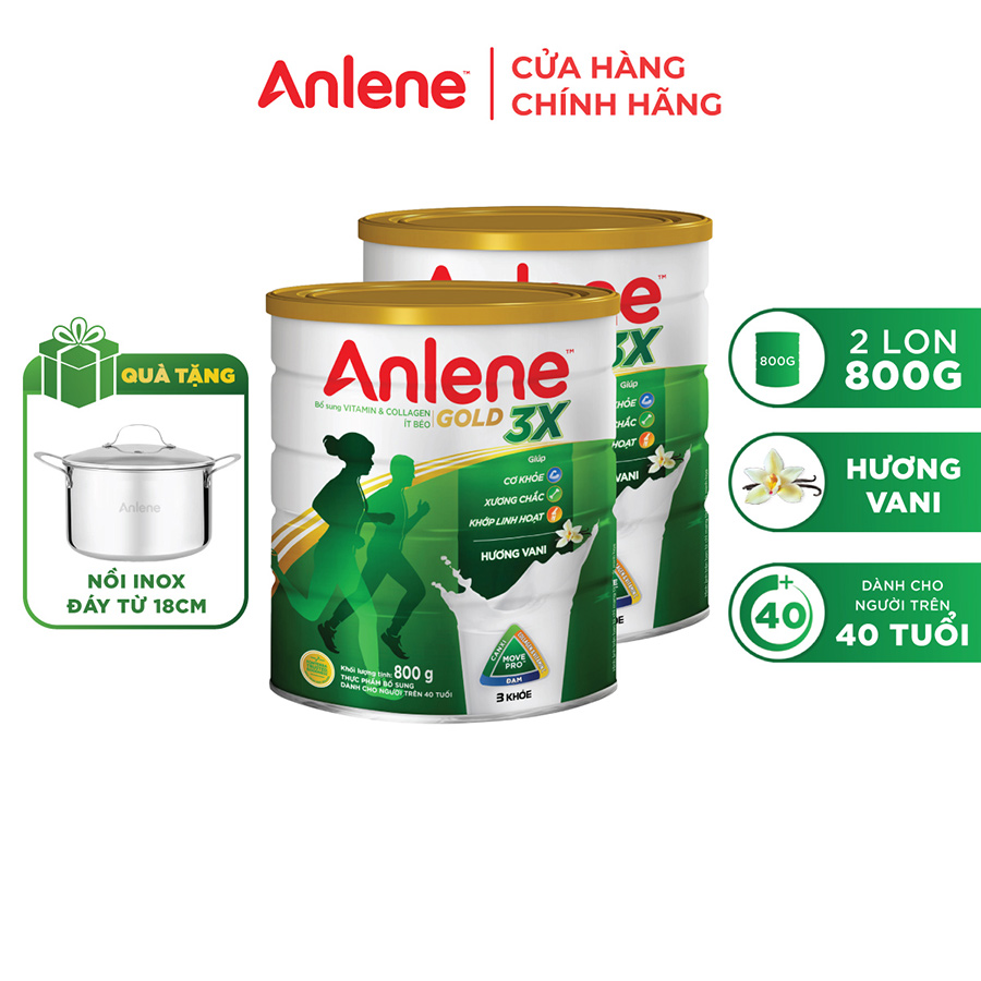 Combo 2 Sữa Bột Anlene Gold 3X Hương Vanilla (Hộp thiếc 800g) tặng dù Anlene