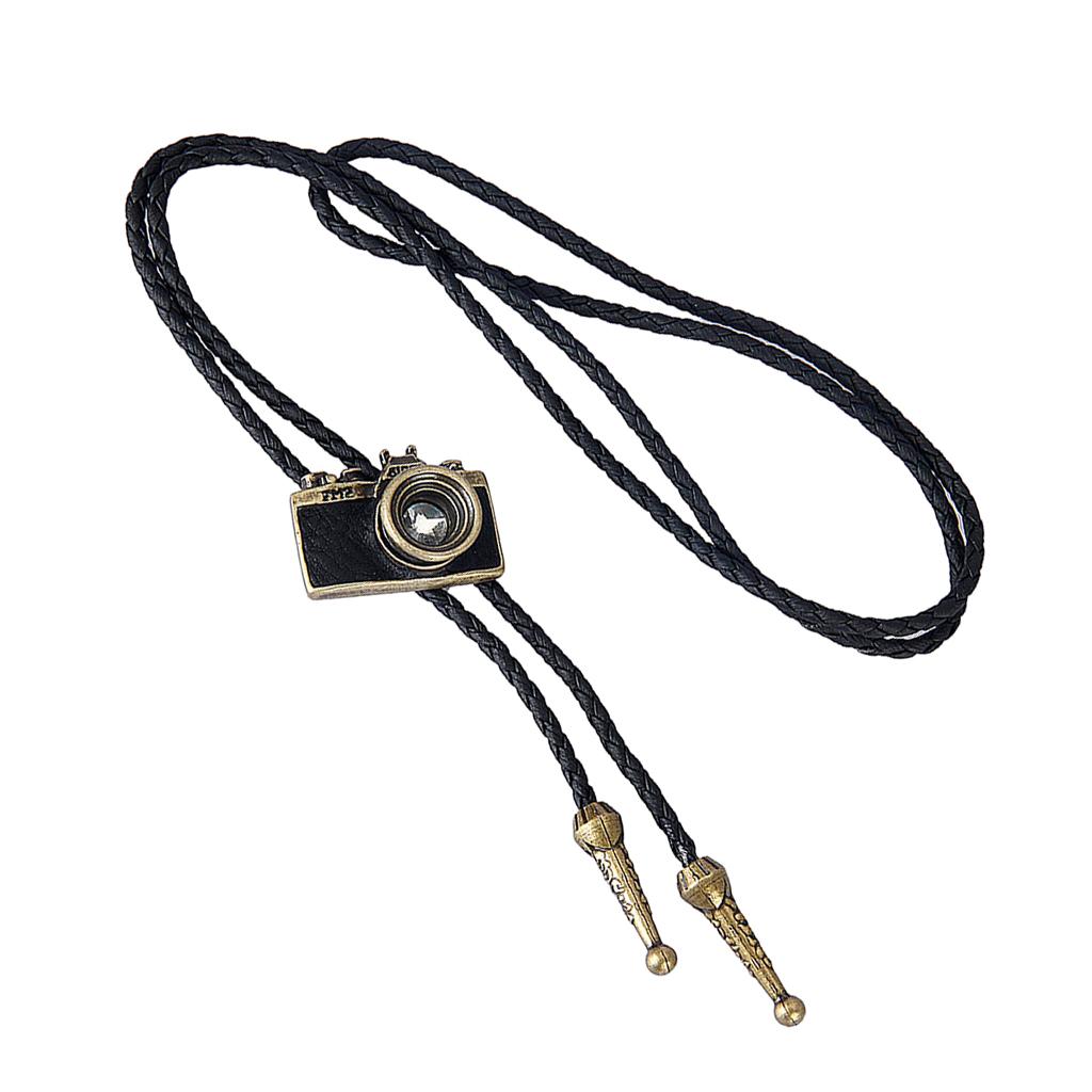 Leather Necktie with Camera Pendant Cord Bolo Tie Rope Necklace for Women and Men