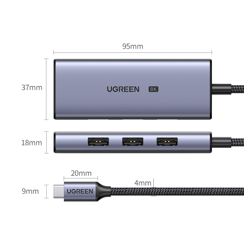 Hub chuyển đổi Ugreen USB-C sang HDMI + 3*USB3.0 hỗ trợ 8K CM500- hàng chính hãng