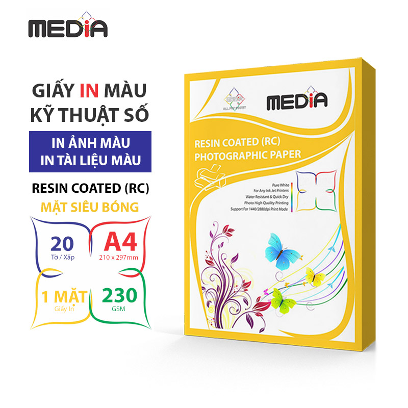 Giấy In Màu Kỹ Thuật Số MEDIA Cao Cấp 1 Mặt Siêu Bóng (Resin Coated RC) Khổ A4 Định Lượng 230gsm 20 Tờ, Giấy In Ảnh Giấy In Phun Màu Tài Liệu - Hàng Chính Hãng