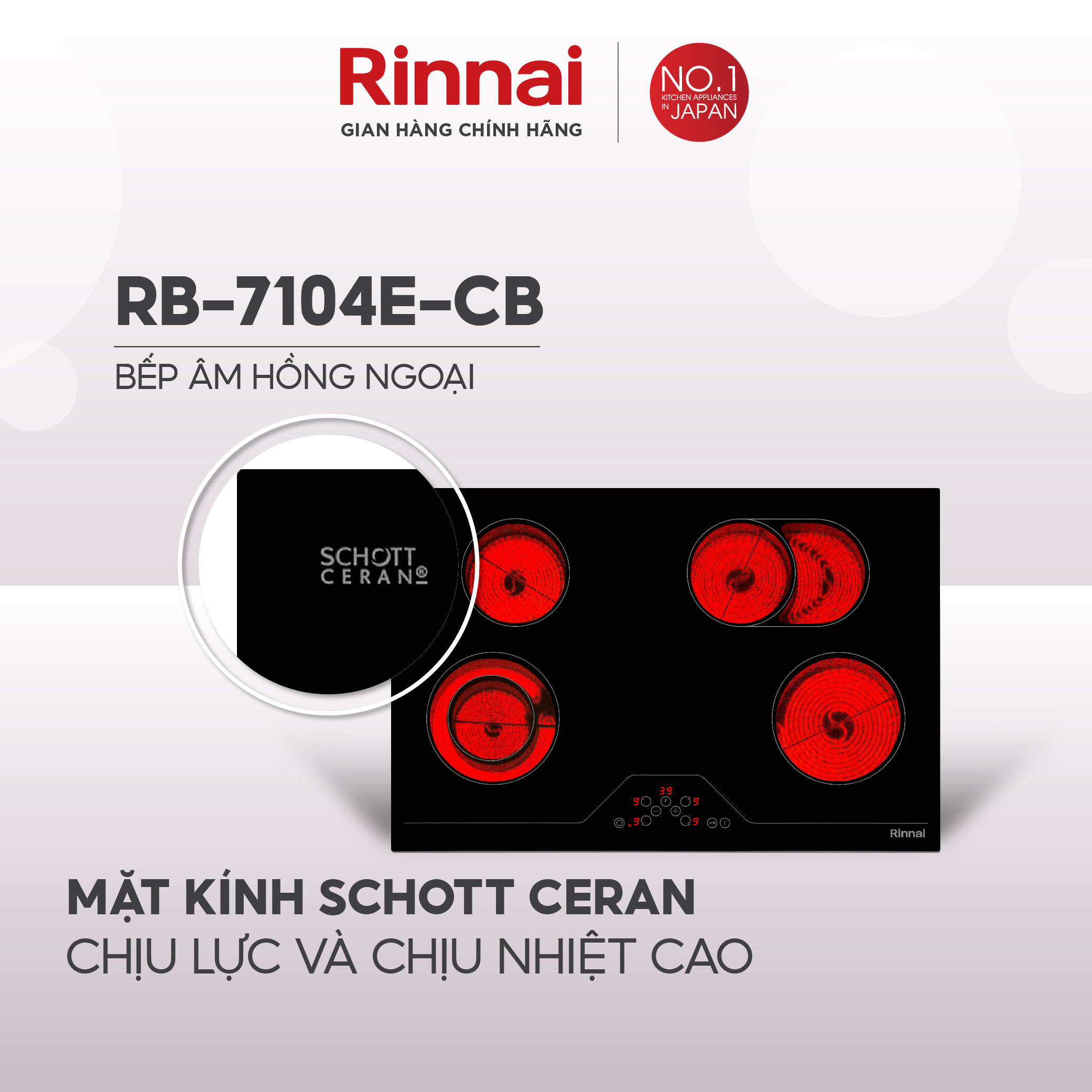 Bếp hồng ngoại Rinnai RB-7104E-CB mặt kính Schott 6000W - Hàng chính hãng.