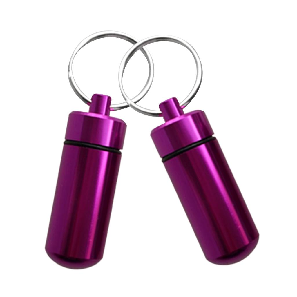 2 Pieces Waterproof Aluminium Pill Storage Box Case Keychain Keyring Purple