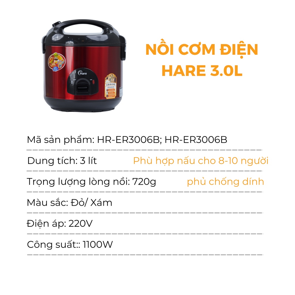 Nồi cơm điện HR-ER3006 (3.0L) chống dính -hàng chính hãng thương hiệu HARE - Bảo hành 12 tháng