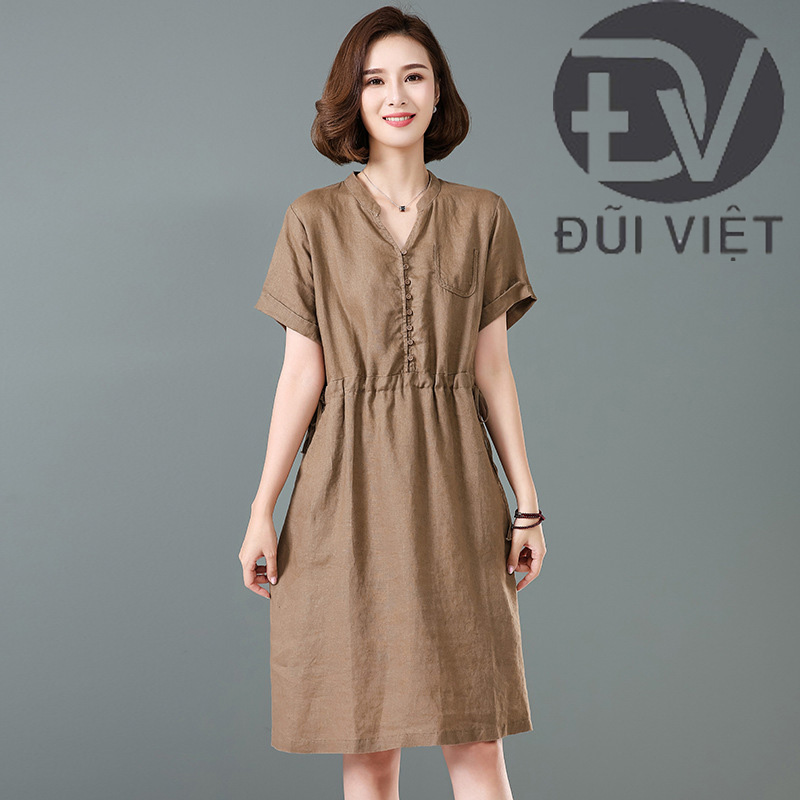 Đầm Suông Cổ V Phối Cúc Thắt Dây Eo 2 Bên Chất Đũi Cực Mềm Mát Đũi Việt DV172