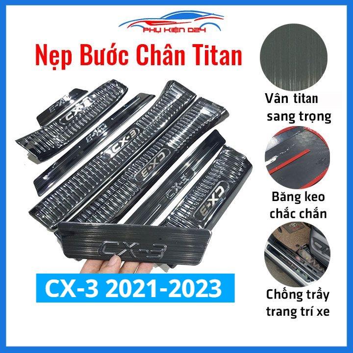 Ốp bậc cửa, nẹp bước chân trong ngoài Mazda CX3, CX-3 2021-2022-2023 vân Titan chống trầy bảo vệ trang trí xe