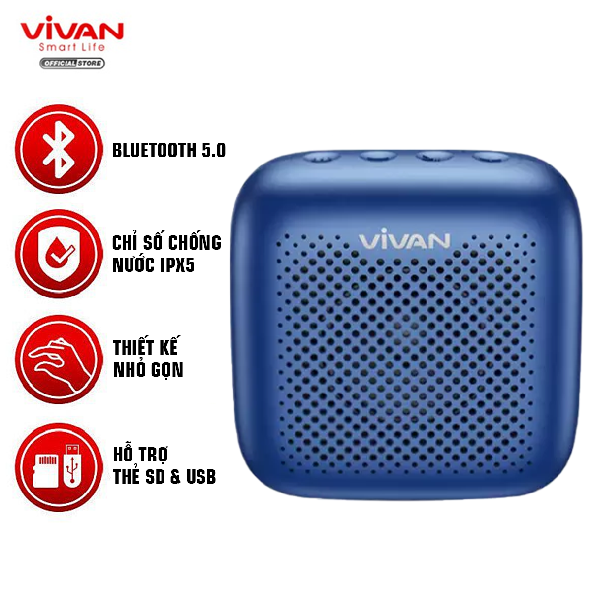 Loa TWS Bluetooth 5.0 VIVAN VS1 – Chống Nước IPX5, Pin 1800mAh, Âm Thanh Sống Động, Hỗ Trợ Thẻ Nhớ SD &amp; USB – HÀNG CHÍNH HÃNG