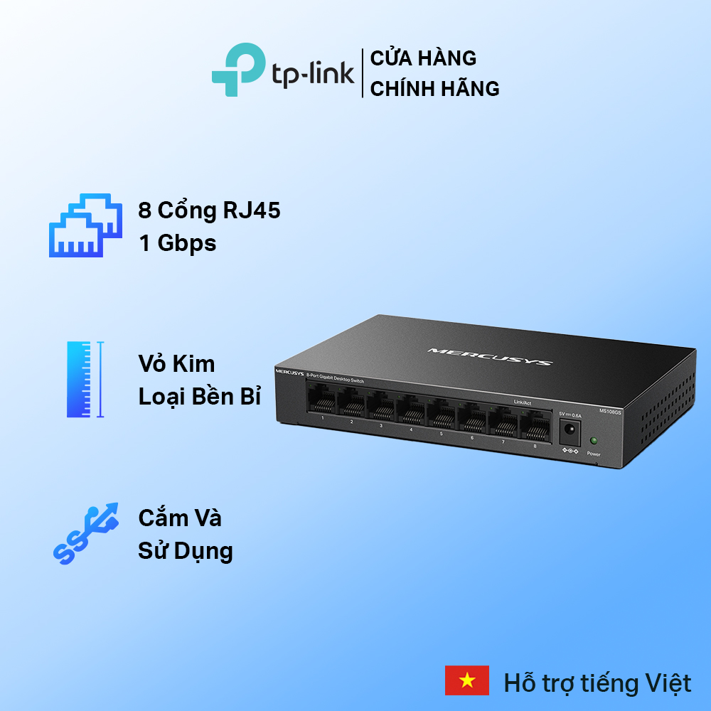 Bộ Chuyển Mạch Switch Mercusys MS108GS 8 Cổng Gigabit RJ45 10/100/1000 Mbps, Tiết Kiệm Năng Lượng - Hàng Chính Hãng