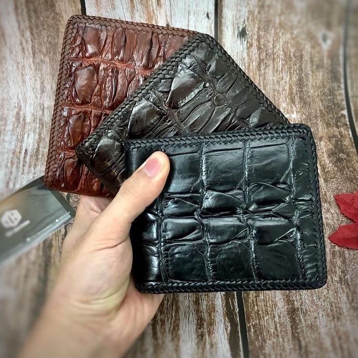 Bóp Nam Da Cá Sấu Thật Đan Viền Thủ Công Kiểu Dáng Ngang