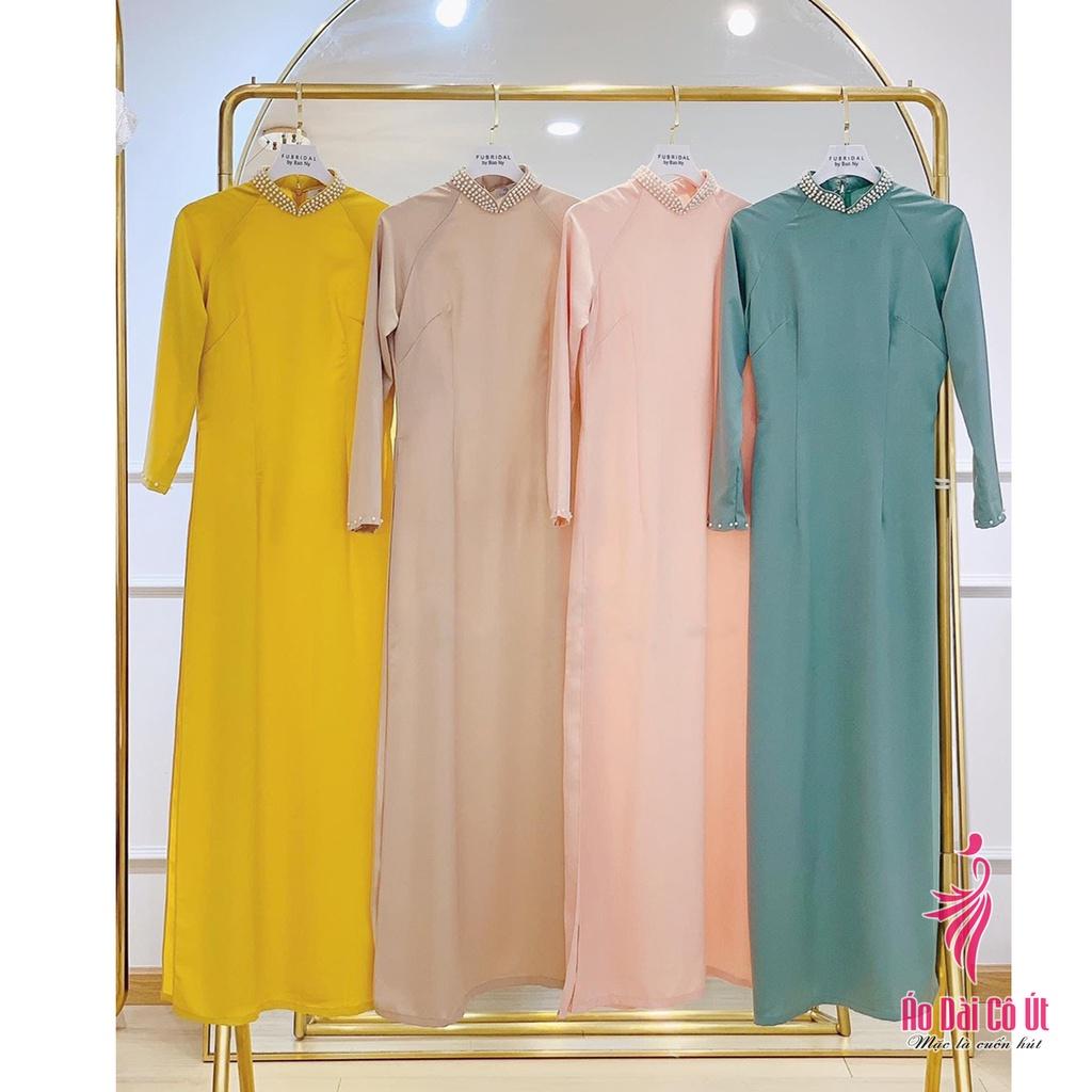 Áo dài nữ trơn truyền thống lụa tây thi cổ đính ngọc cách điệu phù hợp cưới hỏi lễ tết dự tiệc đẹp