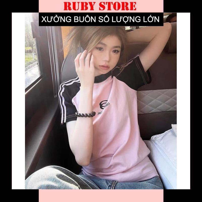 [Hàn Hot] Áo Thun Baby Tee Raplan In Logo Ngực Phối Sọc Tay Năng Động Áo Phông Dáng Vừa Hot Dễ Phối Đồ - Hồng