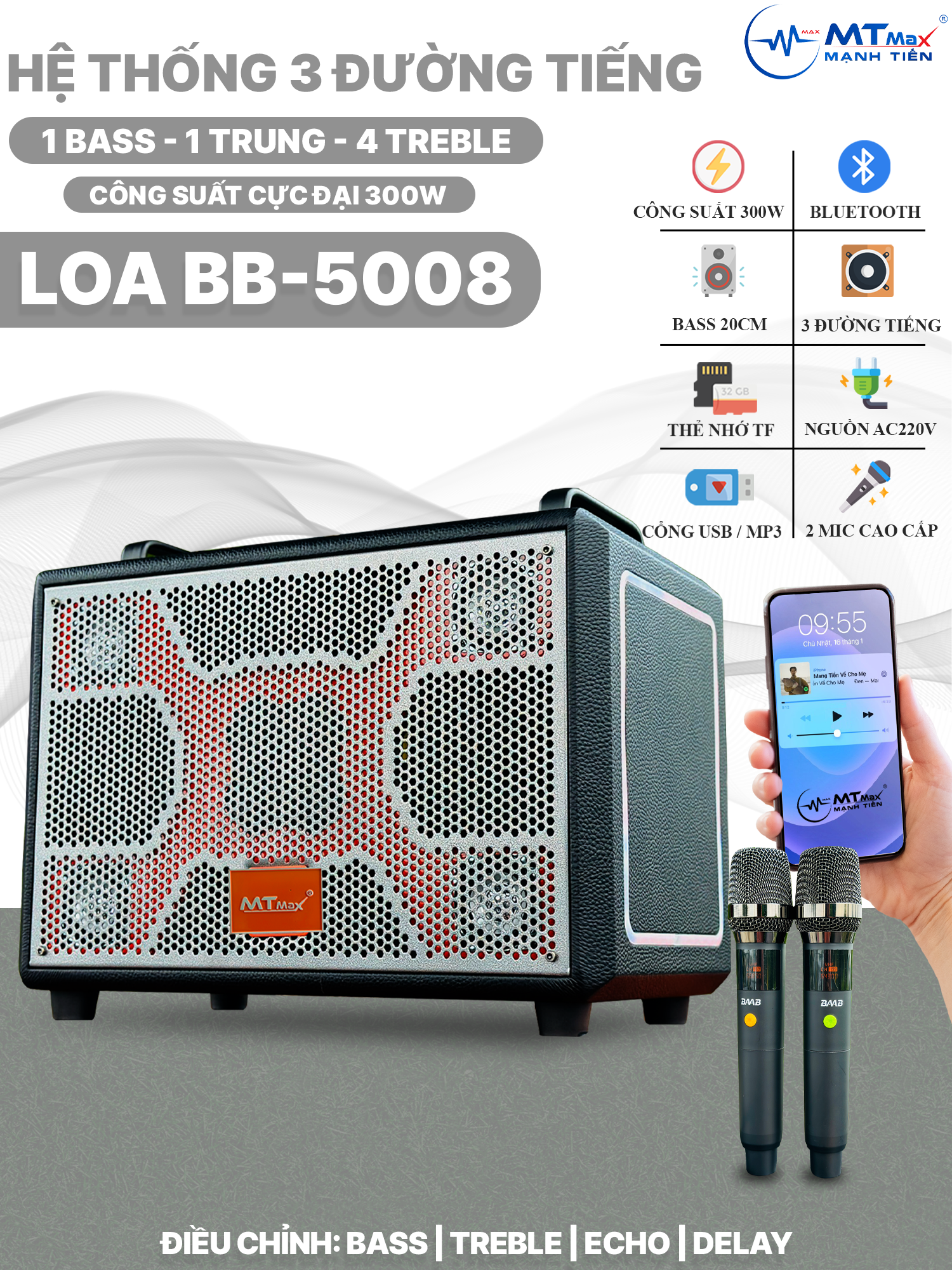 Loa Xách Tay BB-5008 Công Suất Lớn 300W, 6 Loa 3 Đường Tiếng, Đèn RGB Nhấp Nháy, Âm Thanh Trong Trẻo, Bass Đánh Siêu Căng Ấm, Đi Kèm 2 Micro, Hàng Nhập Khẩu