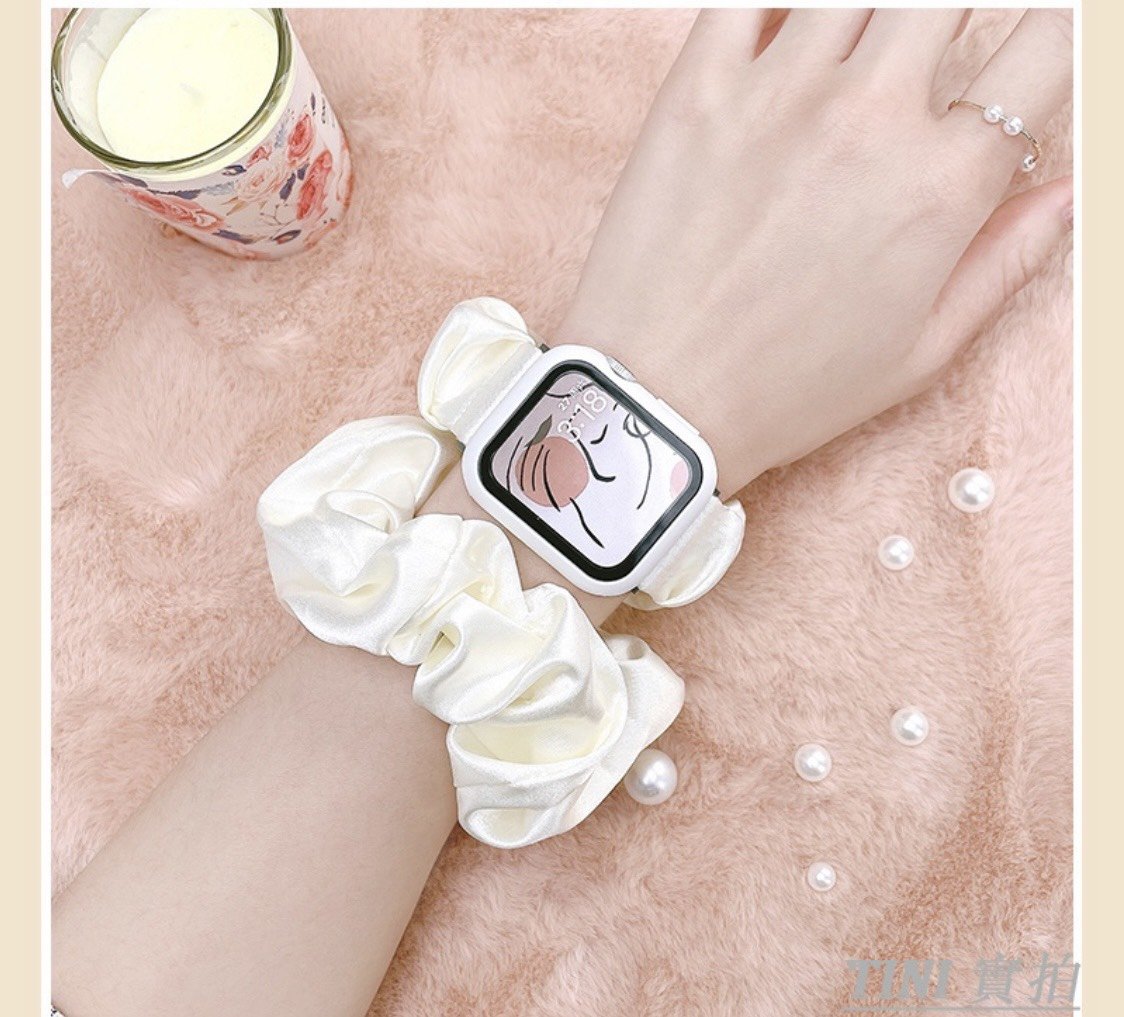 Combo dây đồng hồ kim, đồng hồ apple watch và dây cột tóc scrunchies phi lụa, sang trọng