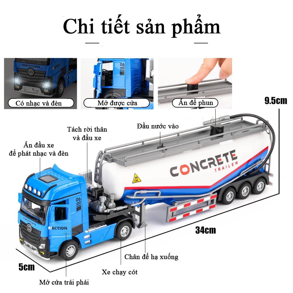 Mô hình đồ chơi xe bơm bê tông đầu bằng hợp kim phun được nước có nhạc và đèn dài 34 cm