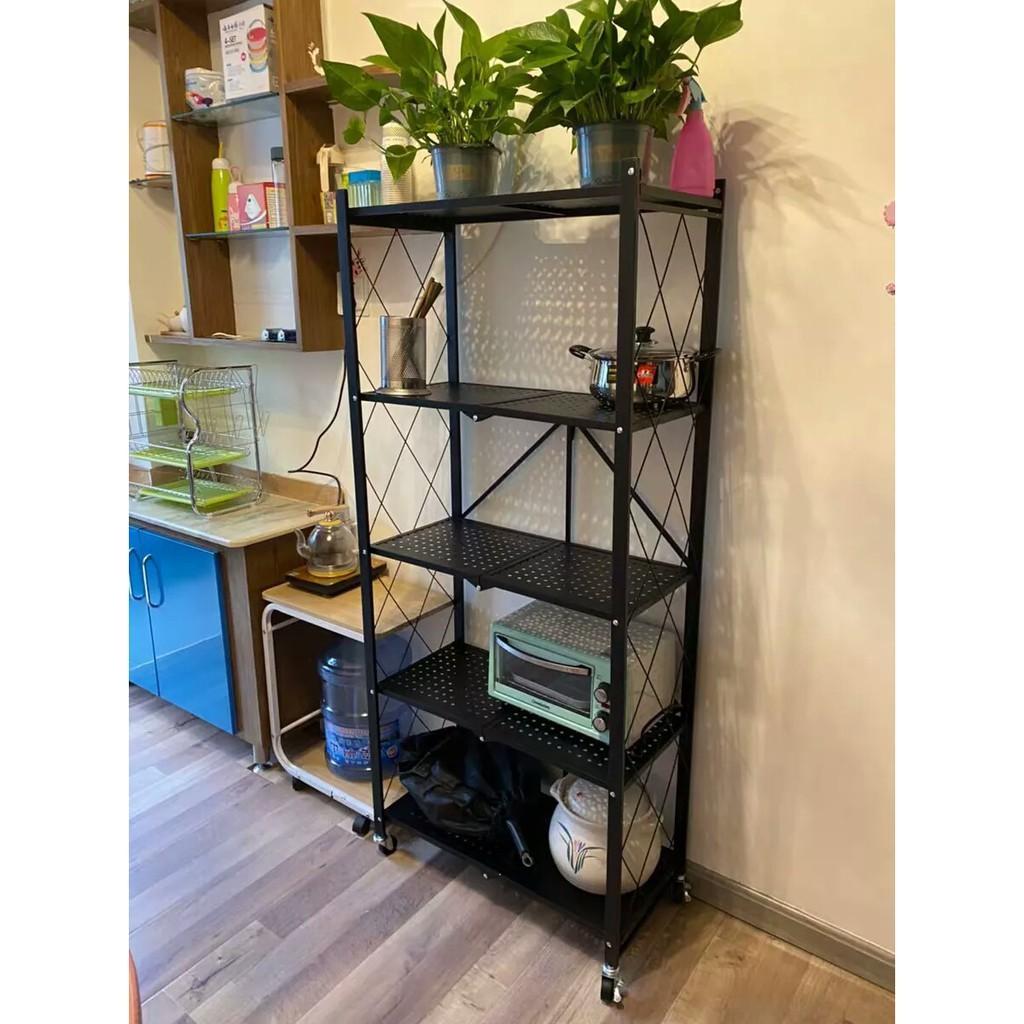 Kệ để đồ di động có bánh xe 4 tầng, 5 tầng để lò vi sóng có thể gấp gọn trang trí nhà cửa nhà bếp
