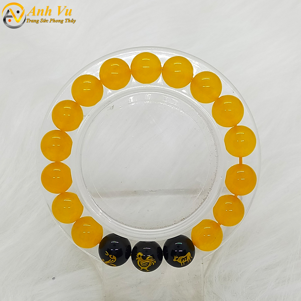 Vòng tay đá mã não vàng tự nhiên - Vòng tay tam hợp tỵ dậu sửu cho nữ mệnh kim - May mắn tài lộc bình an