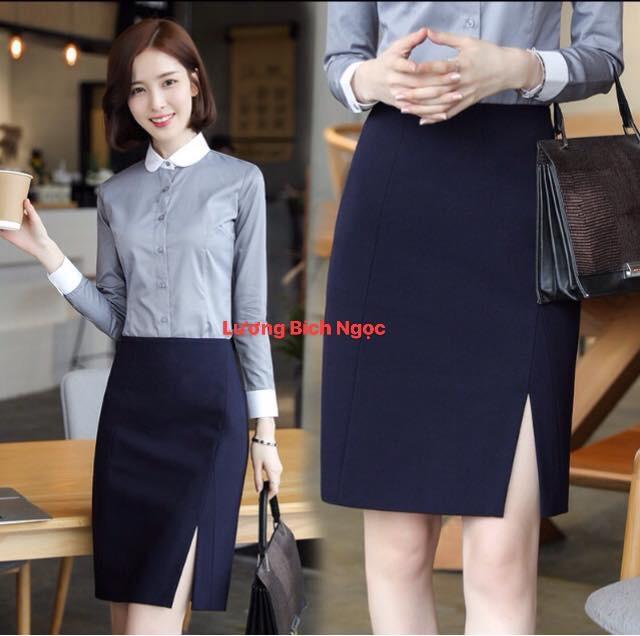 Chân váy bút chì xẻ trước đáp cạp có khóa séc kéo