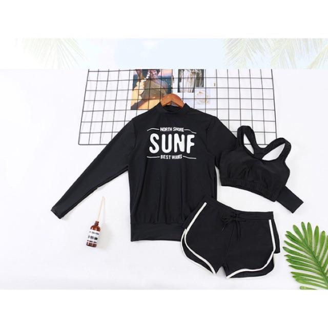 (Có sẵn) Đồ bơi / Bikini dài tay set 3 chi tiết màu đen chữ Trắng