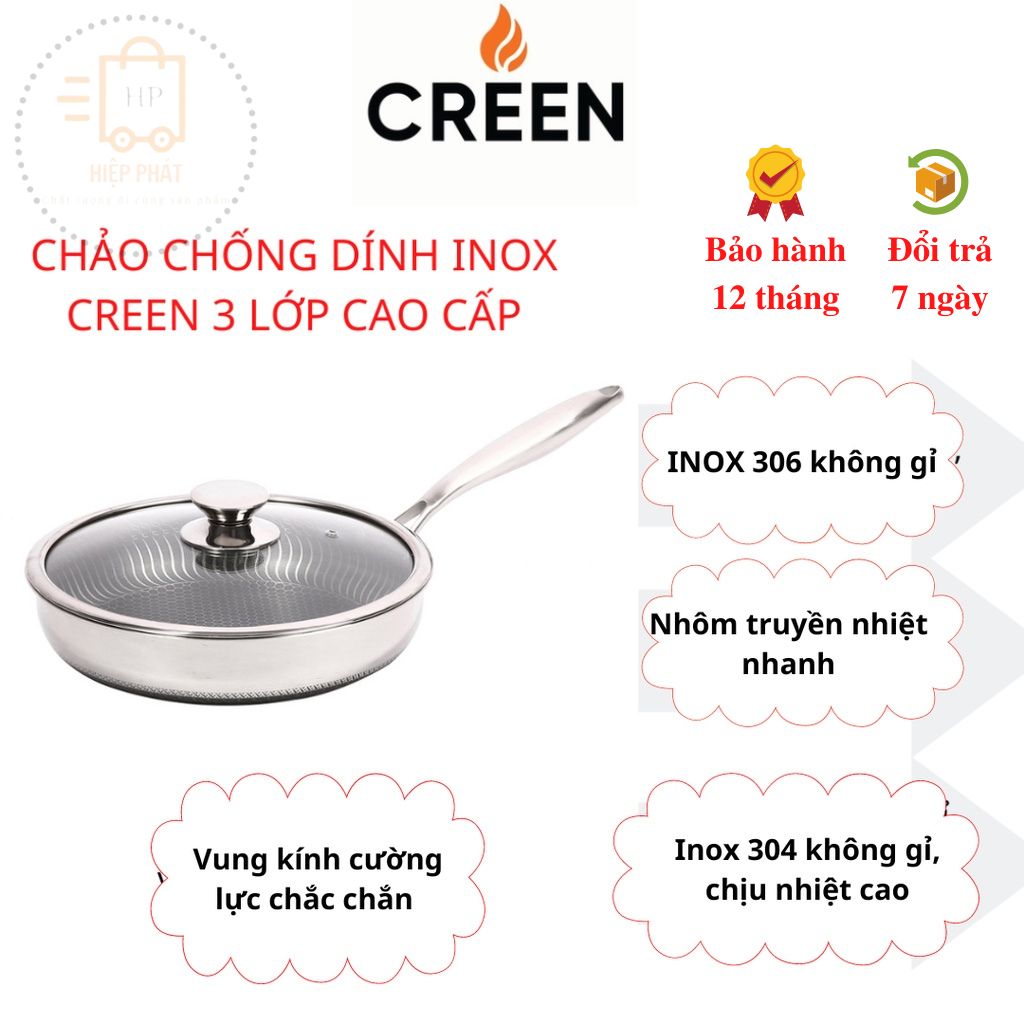 Chảo Chống Dính Inox Creen CR-NJA28IH-30IH Vung Kính Tiện Lợi, Sử dụng Trên Mọi Loại Bếp, Thương Hiệu Tây Ban Nha - Hàng chính hãng