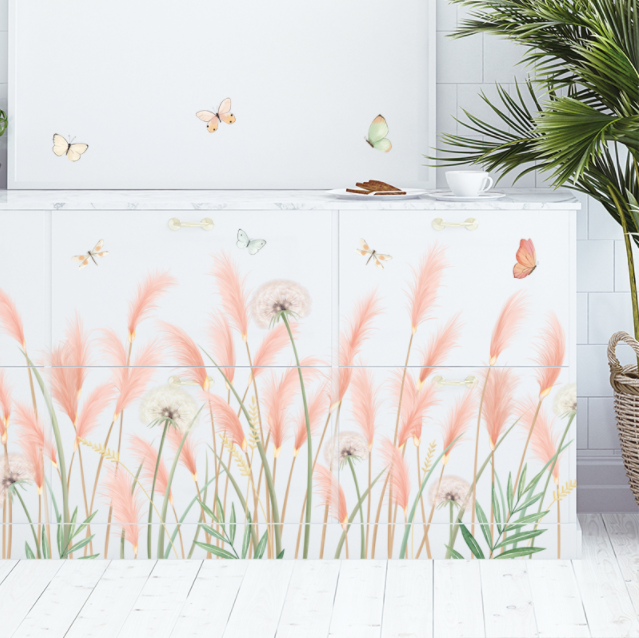 Decal trang trí tường - Chân tường cỏ bông lau hồng