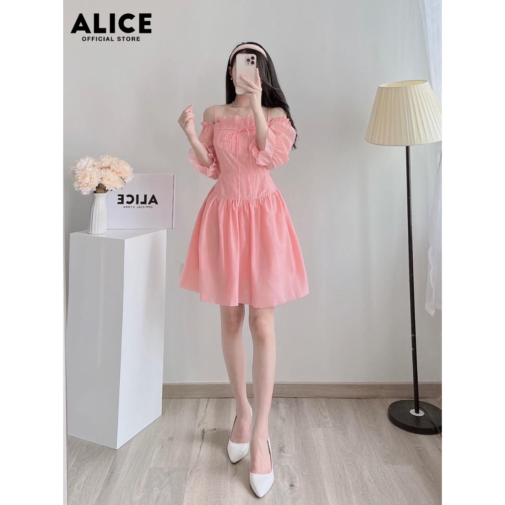 Váy Trễ Vai Tiểu Thư ALICE Chất Tơ Nến Lót Lụa Mềm Mát Thiết Kế Dáng Xòe Xếp Ly Ngực Cách Điệu V792