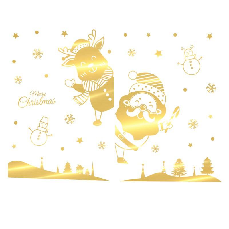 Decal trang trí tường Noel - Ông già noel tuần lộc nhí chào lễ ánh vàng cao cấp