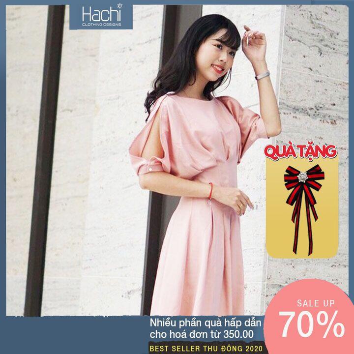 Váy hồng đính hạt, tay xẻ cánh tiên, xếp ly eo Tặng kèm hoa Hachidesigns