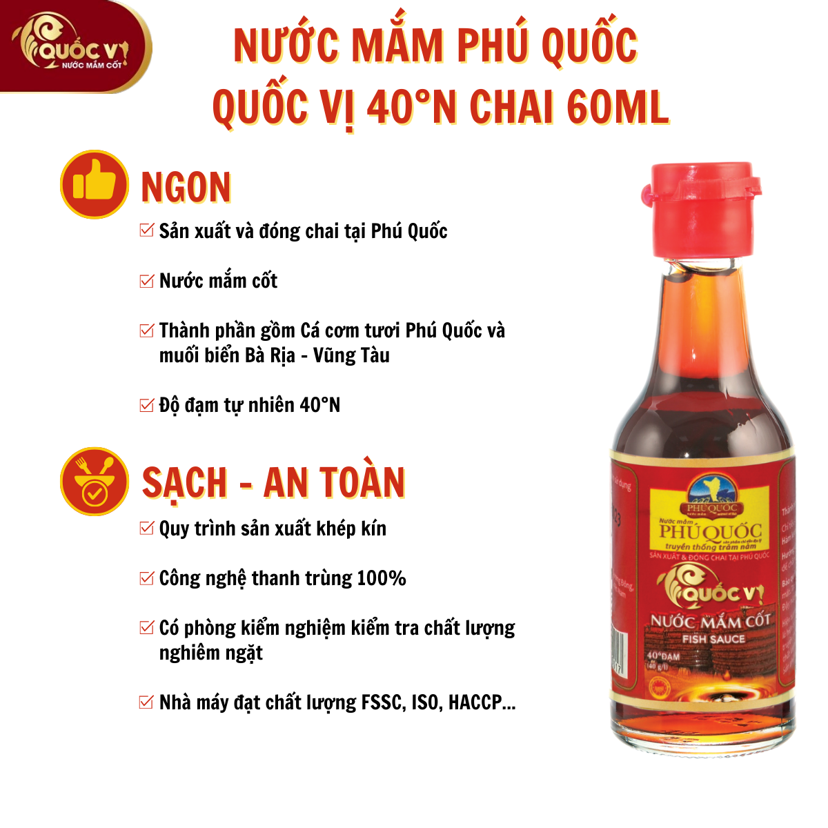 Nước Mắm Cốt Phú Quốc - Quốc Vị Độ Đạm 40N Chai Thủy Tinh 60ml Cá Cơm