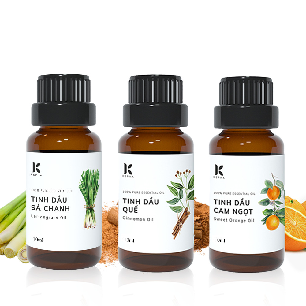 Combo Tinh dầu sả chanh Kepha + Tinh dầu Quế Kepha + Tinh dầu cam ngọt Kepha . Nguyên chất 100% khử mùi, khử mùi, kháng khuẩn, đuổi muỗi, giải cảm, làm đẹp Khóa Đ