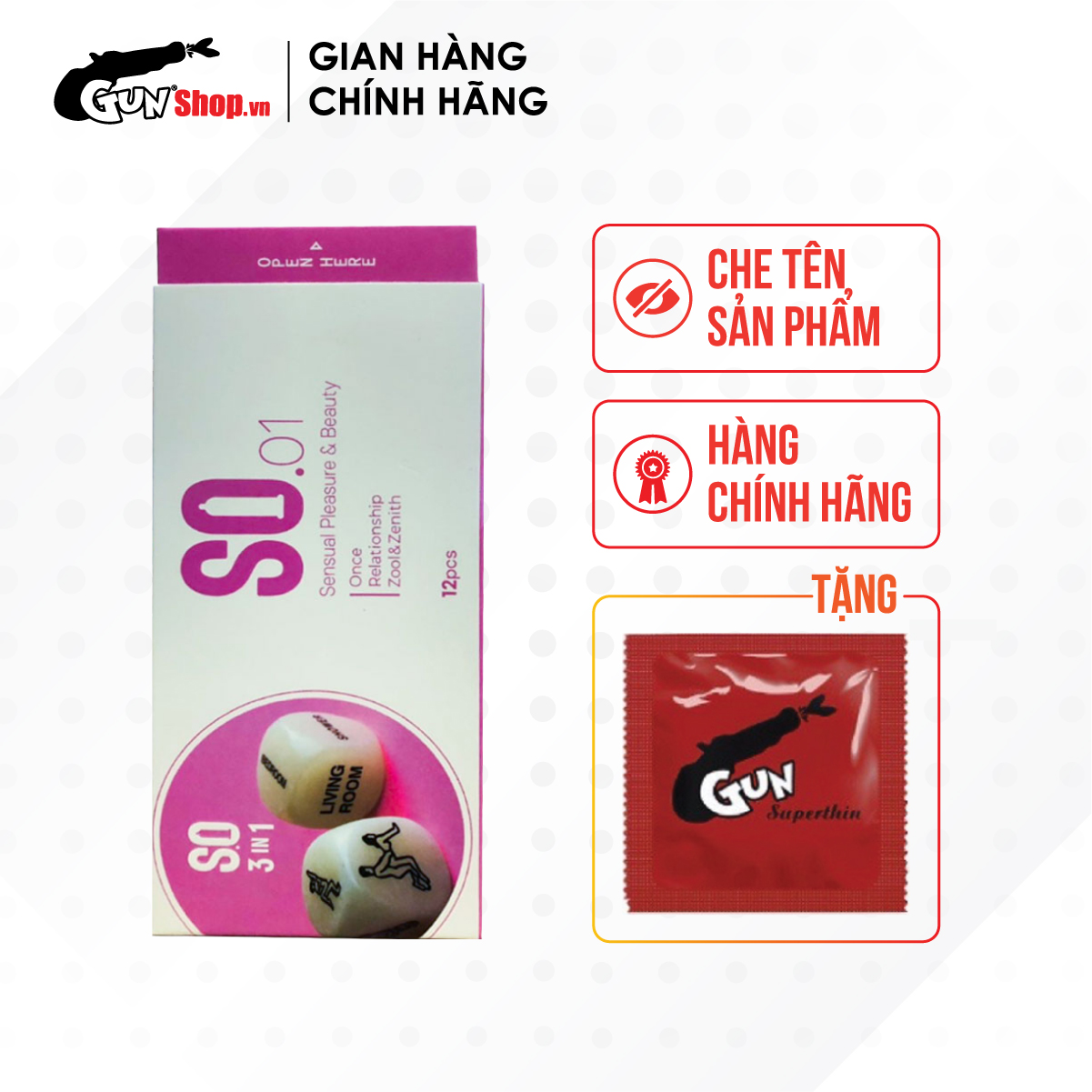 Bao cao su SO 3 in 1 - Siêu mỏng, gân và điểm nổi kèm 1 chiếc BCS Gun Super Thin