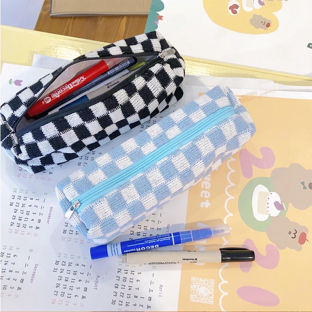 Túi đựng bút Túi đựng mỹ phẩm du lịch vải sợi dệt kim kẻ sọc caro xinh xắn tiện dụng phong cách Hàn Quốc TN15