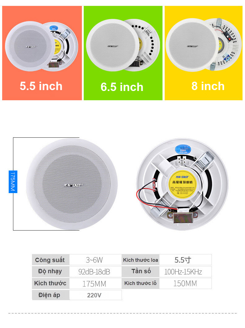 Bộ 02 Loa Âm Trần SAST Công Suất 6W Kích Thước 5 inch Mặt Tròn Lưới Mịn PD - Hàng Nhập Khẩu