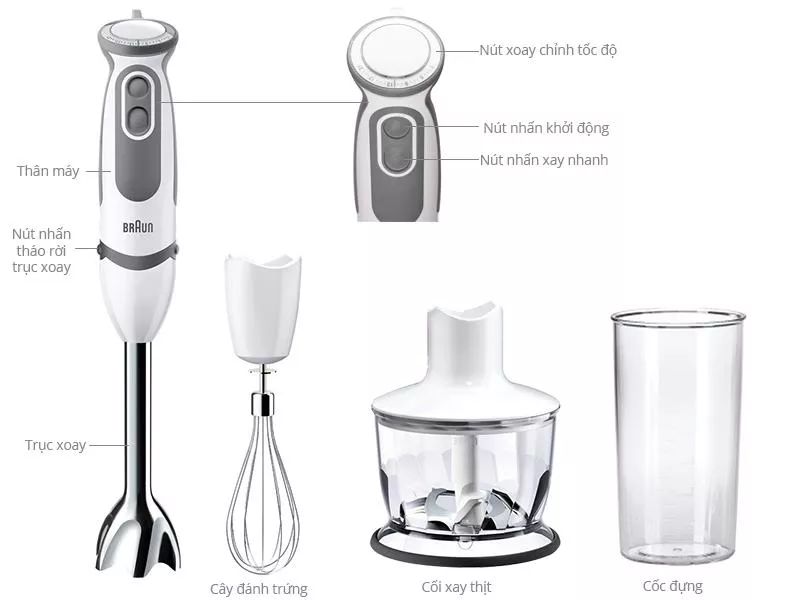 Máy xay cầm tay Braun MQ5235WH - 1000W - Hàng Chính Hãng, Bảo Hành Toàn Quốc