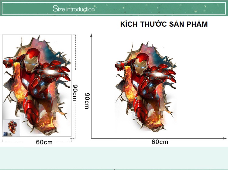 Decal dán tường 3D siêu anh hùng Người sắt size lớn - decal Iron man biệt đội báo thù