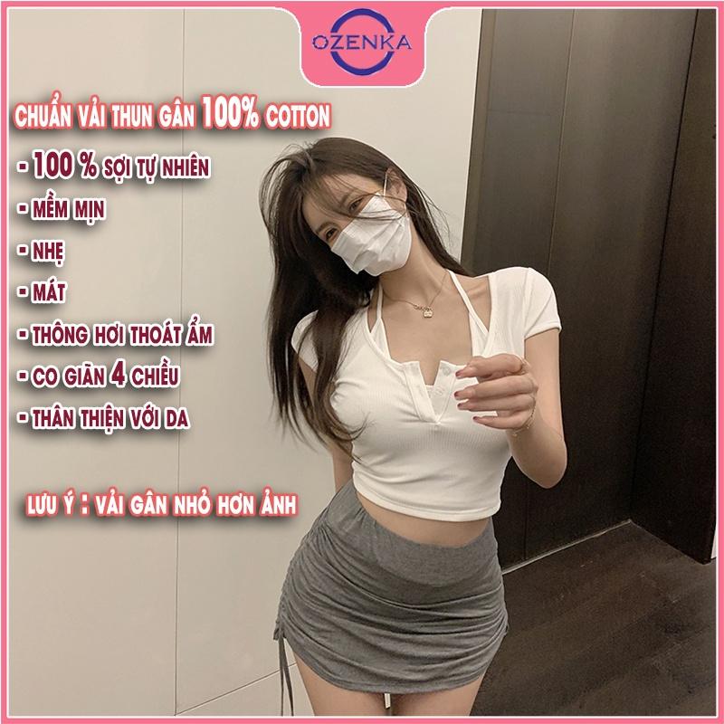 Áo croptop nữ kiểu hàn quốc cổ yếm 2 lớp, áo phông crt ôm body cài khuy cotton 100% màu đen trắng dưới 55 kg