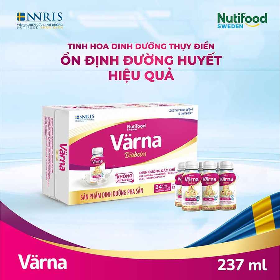 Thùng sữa bột pha sẵn Värna Diabetes - Ổn định đường huyết (GI = 26,9) (24 chai x 237ml) - Varna
