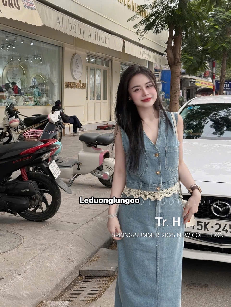 Set Váy Jean Dài Phối Áo Sát Nách Kèm Ren Nữ