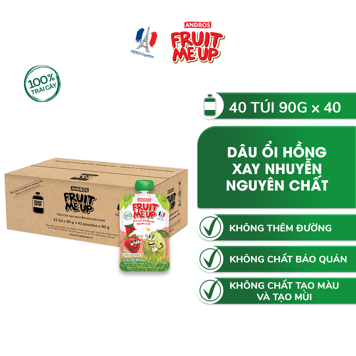 Trái Cây Xay Nhuyễn Nguyên Chất Andros Fruit Me Up - Dâu Ổi Hồng - Thùng 40 Túi (90g x 40)