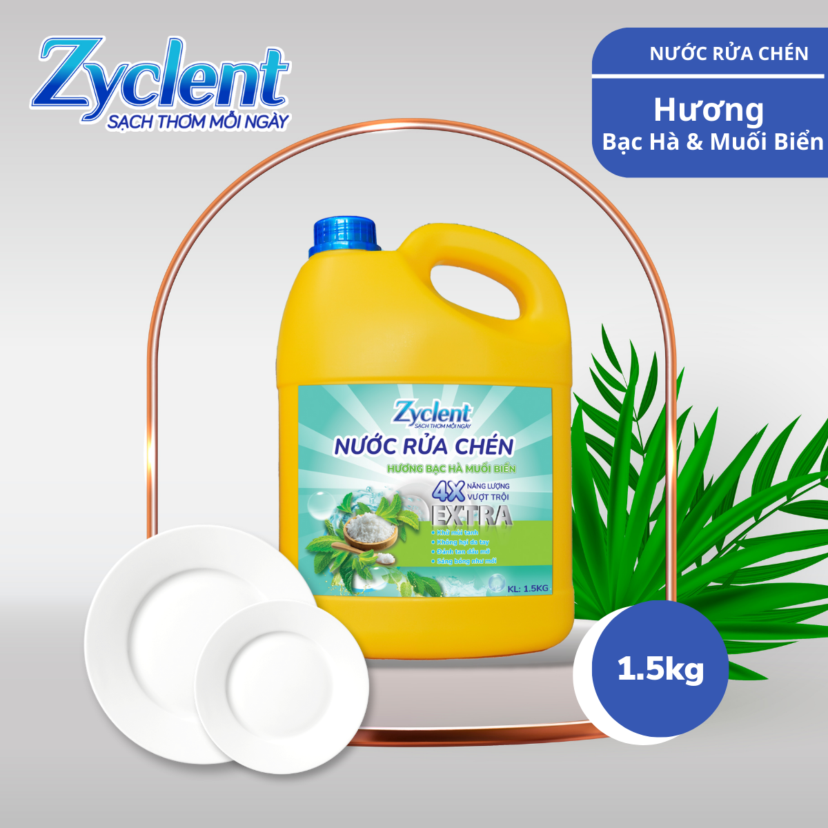 NƯỚC RỬA CHÉN ZYCLENT EXTRA HƯƠNG BẠC HÀ, MUỐI BIỂN - 1.5KG