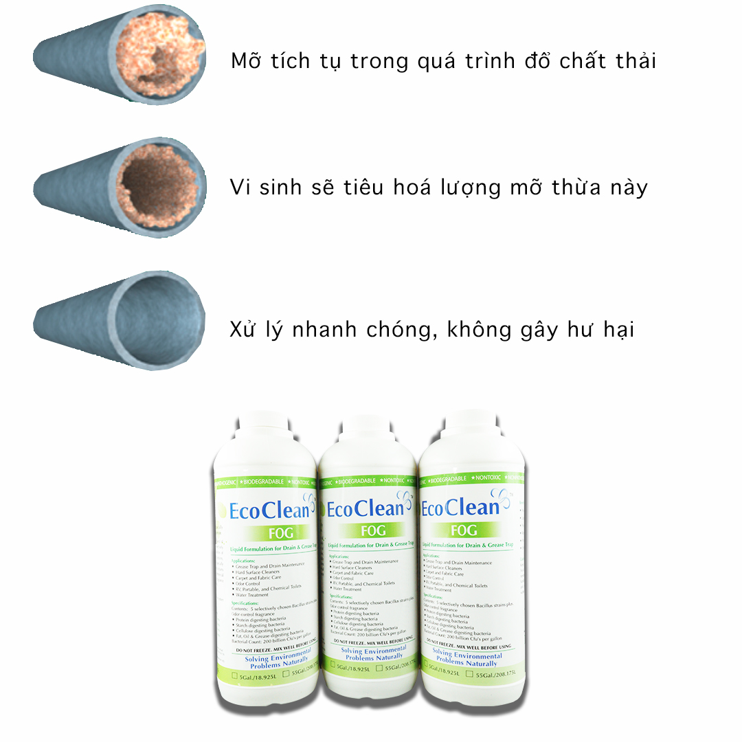 Vi Sinh Xử Lý Dầu Mỡ, Khử Mùi - EcoClean FOG - Chai 1Lít - Chính Hãng Từ USA