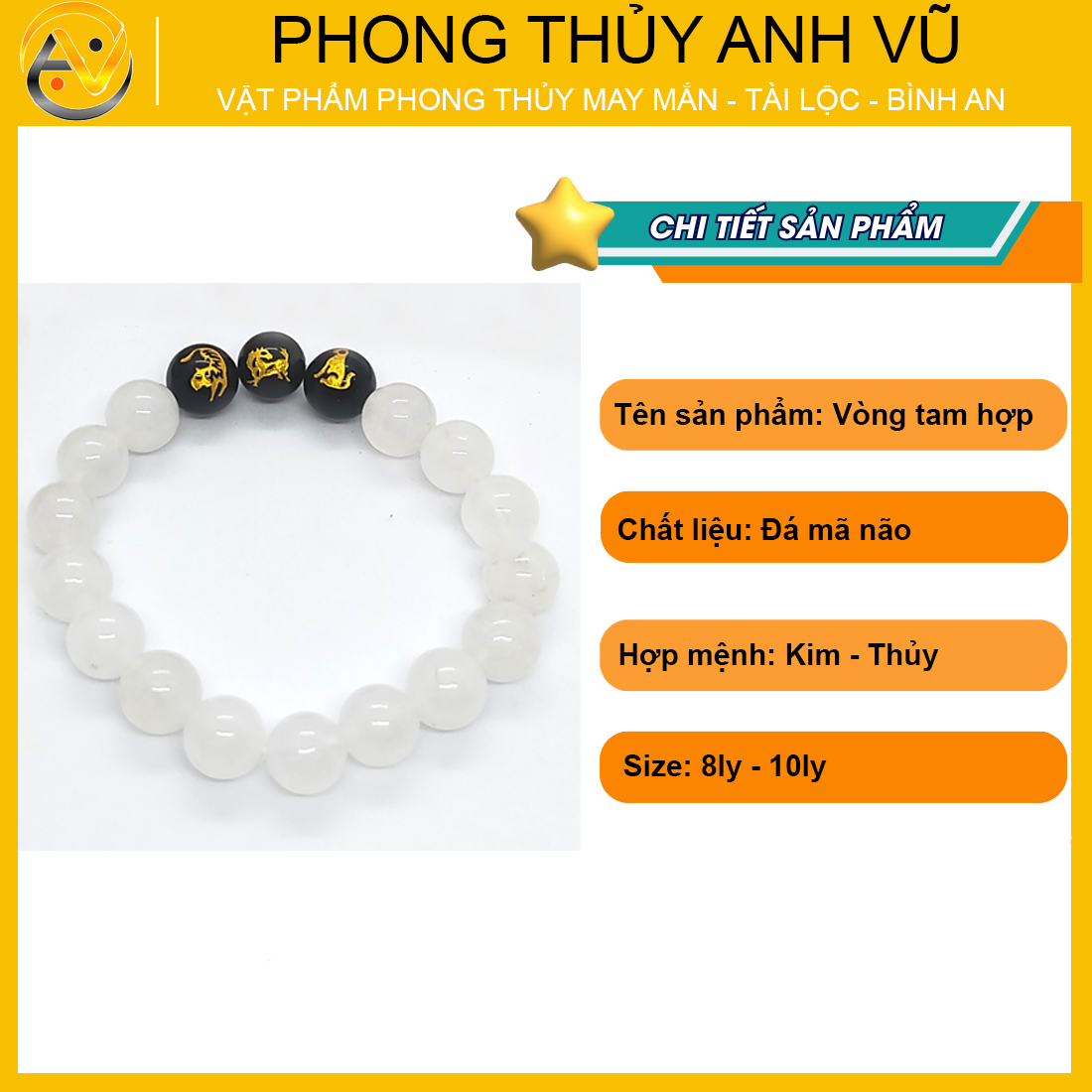 Vòng tay đá mã não tam hợp dần ngọ tuất - size 8 10ly cho nữ mệnh thủy, mệnh kim - có khai quang điểm nhãn may mắn tài lộc - bảo hành 12 tháng - PHONG THỦY ANH VŨ