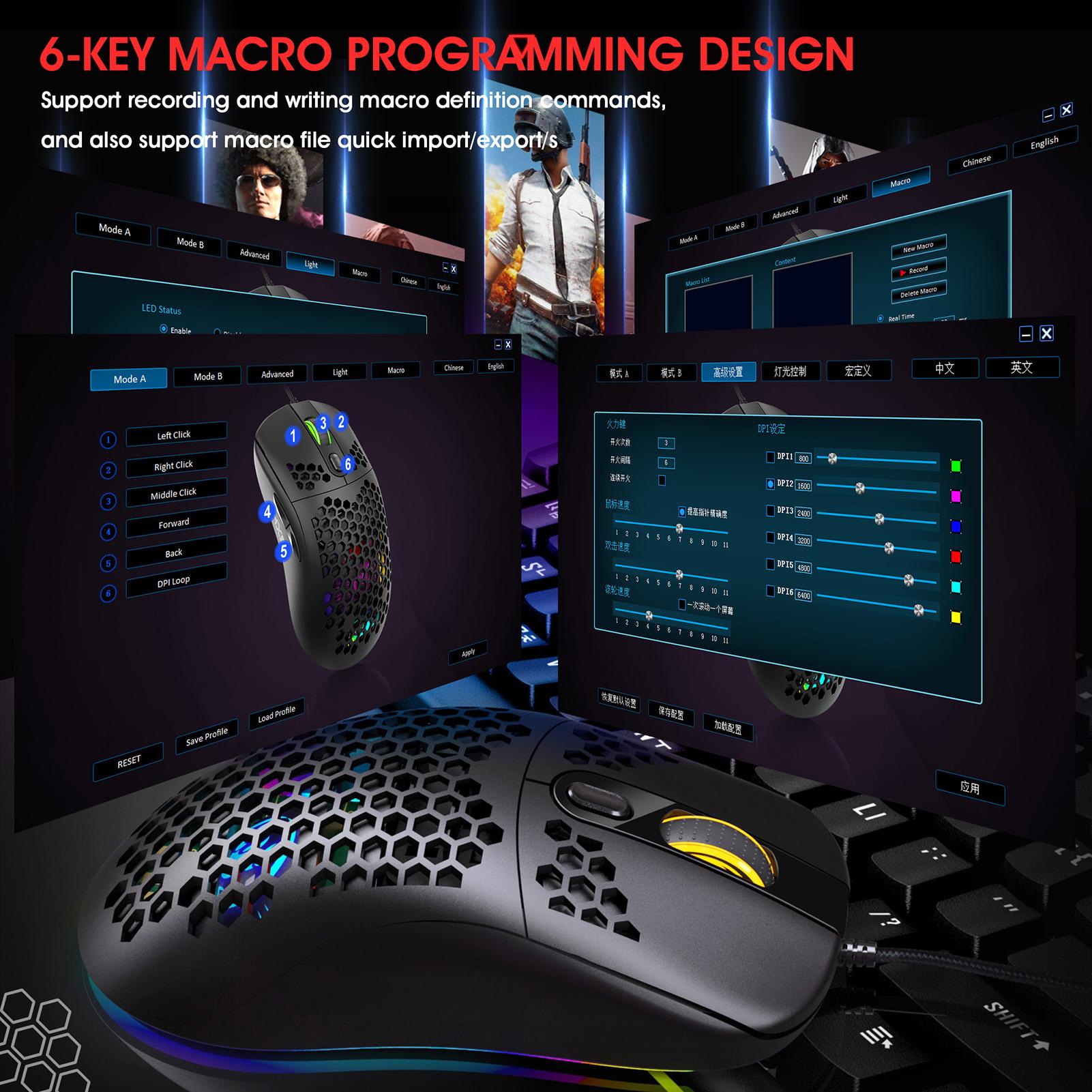 Chuột chơi game lập trình có dây USB Moiuse RGB Lighting với sáu DPI có thể điều chỉnh cho máy tính để bàn HXSJ X600