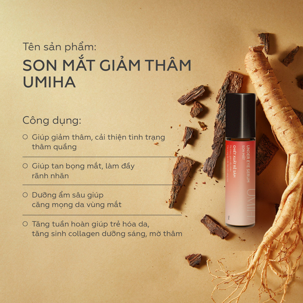 Son mắt giảm thâm UMIHA 10ml Chiết xuất Rễ Sâm giúp thúc đẩy sản sinh Collagen dưỡng sáng, giảm thâm vùng mắt