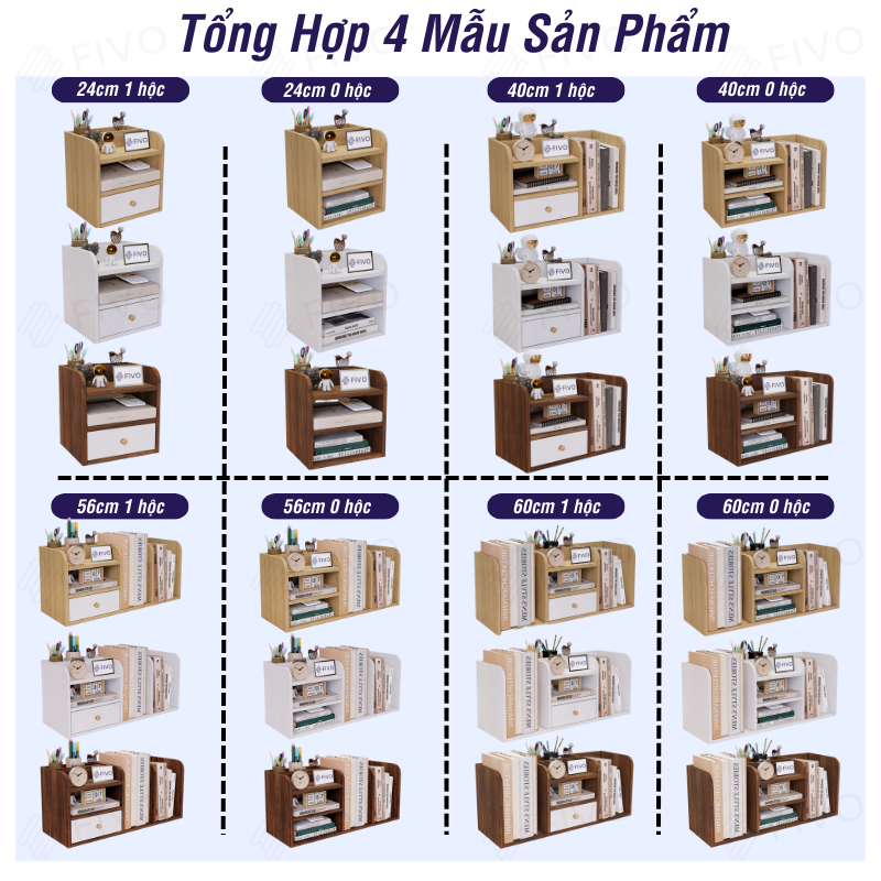 Kệ Sách Gỗ Đẹp Để Bàn FIVO FB26 Cao Cấp Màu Gỗ Và Walnut, Có Hộc, Tiết Kiệm Diện Tích, Bo Góc Thẩm Mĩ