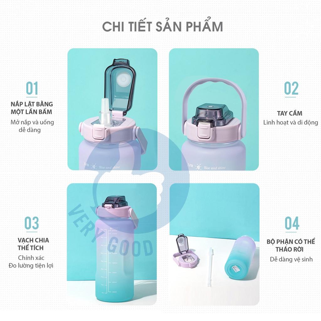 Bình đựng nước 2L kèm sticker chia vạch báo giờ nhắc uống nước có ống hút tiện lợi -Bình Đựng Nước Thể Thao