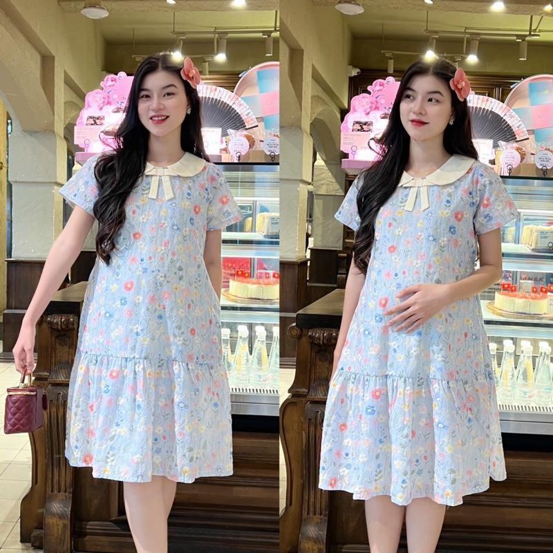 Đầm bầu thêu hoa cổ sen đính nơ form đuôi cá trẻ trung diện đi làm, đi tiệc, đi chơi đều xinh - Xanh