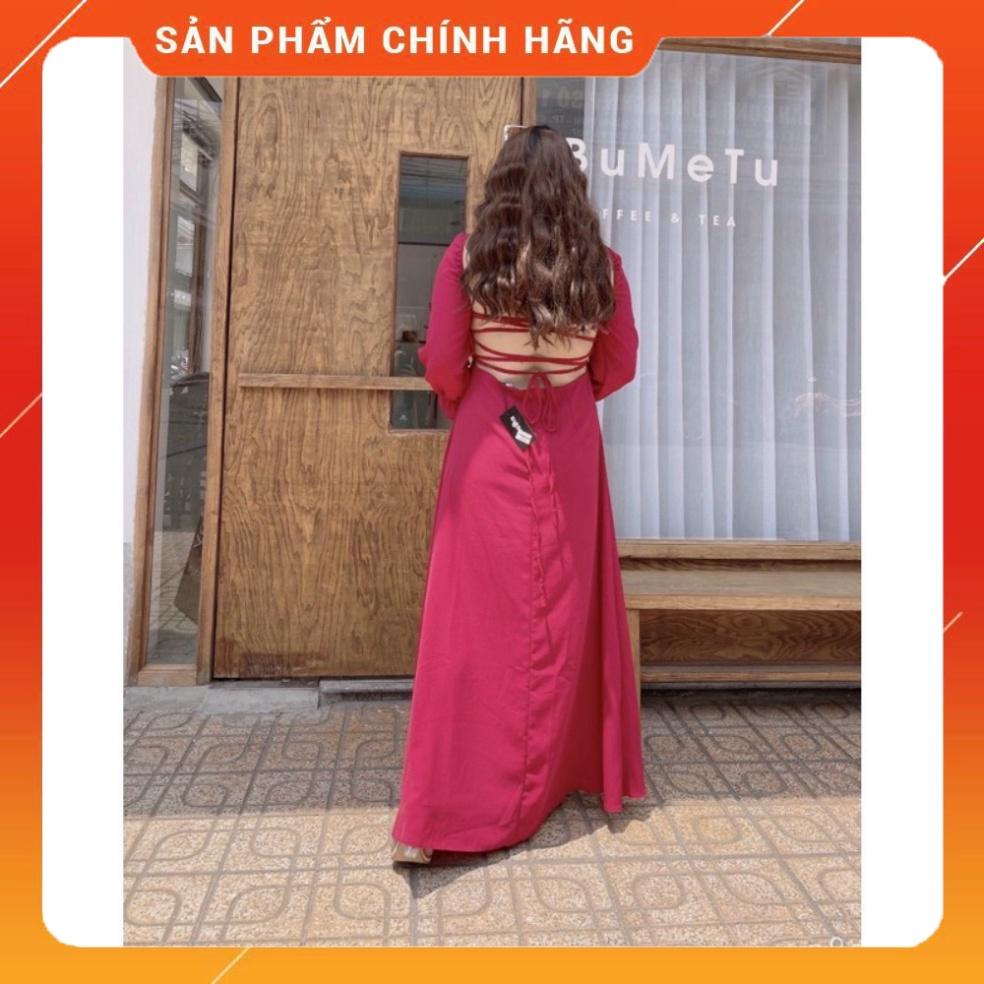 BIGSIZE 50-90KG Đầm maxi đan dây lụa lạnh cổ vuông tay dài xoè dài đan dây lưng hở lưng ngoại cỡ đi biển dự t