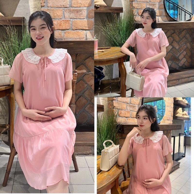 Đầm bầu tiểu thư cổ bèo nhún nhẹ nhàng form đuôi cá trẻ trung chất tơ mềm ( 2 lớp ) - Hồng