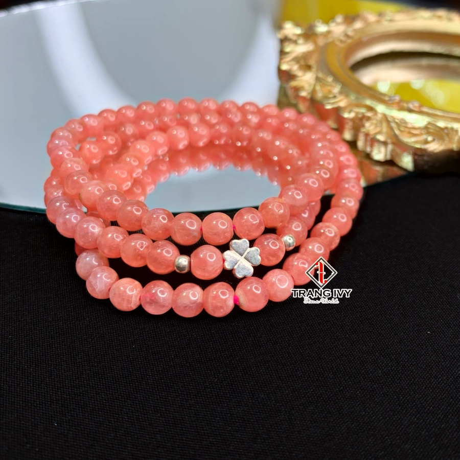 Chuỗi Vòng Tay Thạch Anh Đào Hoa Tự Nhiên Mix Charm Bạc Cỏ 4 Lá